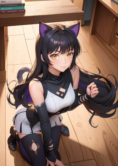 (masterpiece, best quality: 1.2), upper body, solo, 1girl, Blake Belladonna, slight smile, closed mouth, gaze at the viewer, cat ears, medium breasts, sleeveless shirt, detached sleeve, wide hips, kneeling, library, blush, look away,
