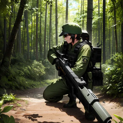 oozora subaru with a detailed military suit of the japanese army grabbing a large caliber weapon also detailed visualizing your ...