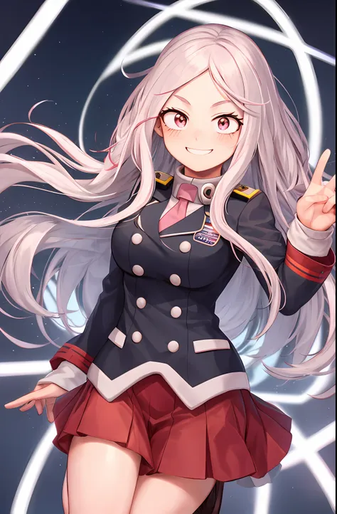 , boku no hero academia style, original character , 1 girl, idol, yuei uniform woman, long white hair, pink eyes with star, blur...