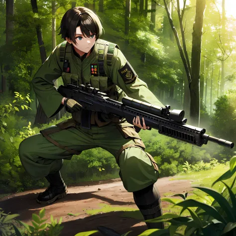 Oozora Subaru with a detailed military suit of the Japanese army Grabbing a large caliber weapon also detailed visualizing your environment in a forest or jungle Camouflaged ready to annihilate your opponent at any time and when necessary that everything e...