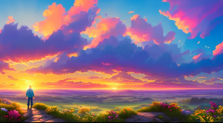 original art quality, full body image, disney character animation style, an image of a majestic sunrise, with vibrant colors fil...