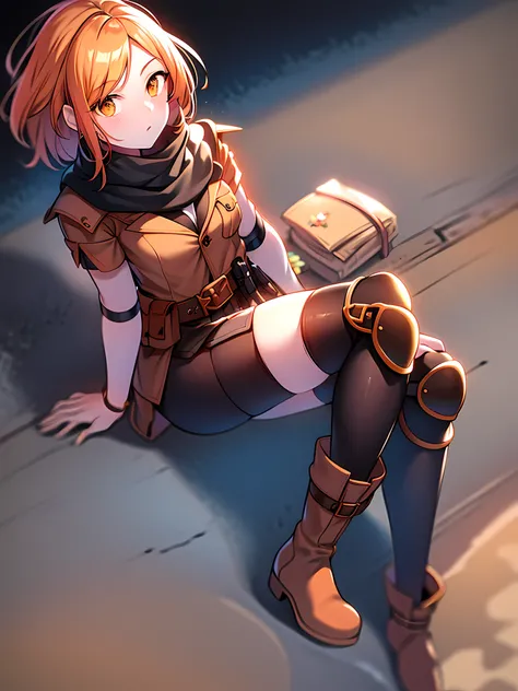 orange eyes light,richly faded light orange hair, anime 1girl, no skirt, brown military boots, pouch on the waist belt, khaki bikini, "black tights", "dark_orange knee pad on right leg",( night city:1.4), black long cloak, (good hand:1.5 ) good legs, (Goo...