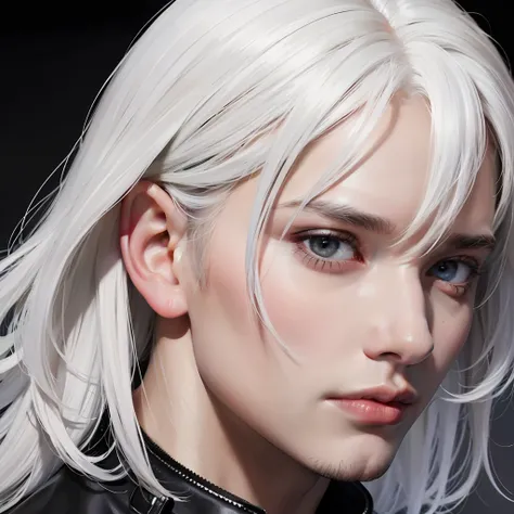 photography, BALENCIAGA, best quality, 1 boy, man, face photo, sharp face, slim face, sculptural defined, black background, shadows, dark light, photo portrait, focus face, predator look, white hair, bangs, white hair, blonde hair, light hair, white hair, ...