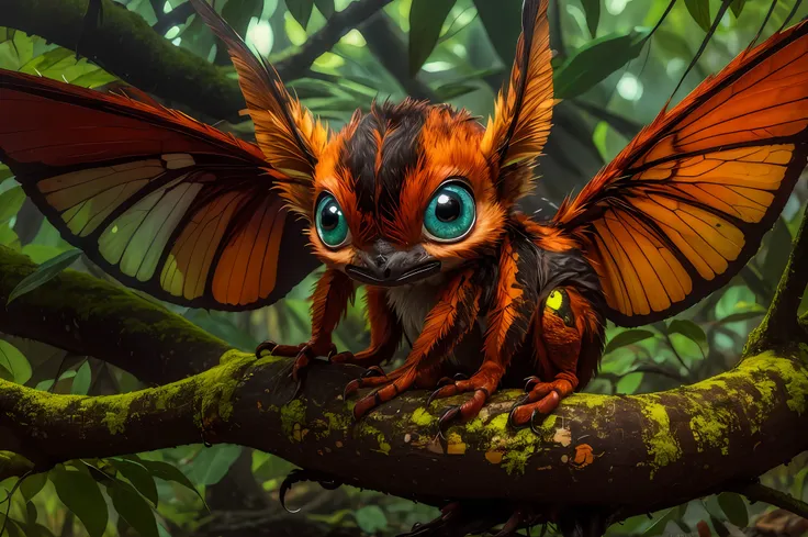 a small strange creature sits on the trunk of a tree. the trunk covers four winged limbs, has a wide muzzle, four large eyes, co...