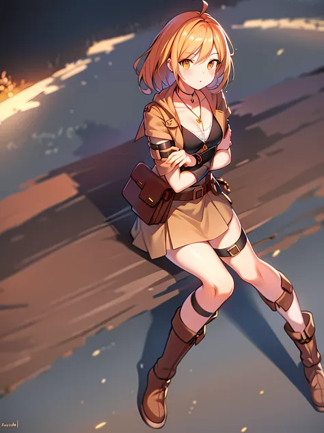 orange eyes light,richly faded light orange hair, anime 1girl, no  skirt, brown military boots, pouch on the waist belt, khaki b...