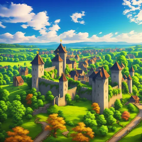 view from afar, great medieval kingdom, calm, prosperous, fantasy