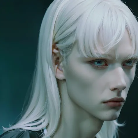 Photography, BALENCIAGA, best quality, 1 boy, man, face photo, sharp face, slim face, sculptural defined, black background, shadows, dark light, photo portrait, focus face, predator look, white hair, bangs, white hair, blonde hair, light hair, white hair, ...