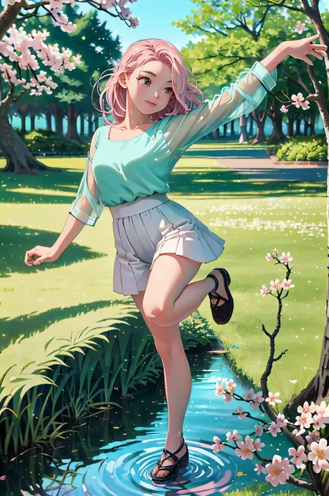 (masterpiece, best quality, perfect anatomy, nice hands:1.2), 1girl, solo, beautiful girl walking in the park, pink long hair, delicate white pink dress, summer, flowering trees, sakura, green grass, park,standing split, standing on one leg, leg up,