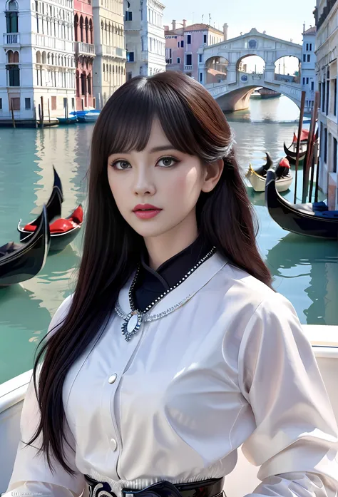 a hyper realistic ultra detailed photograph of a beautiful girl as a female 2020s dancer on the boat of 2020s Venice,(Bridge Of Sighs background),(princess eyes,shiny pupils), detailed symmetric beautiful hazel eyes, detailed gorgeous face, peaky blinders ...