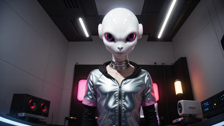 An alien, with albino and realistic skin, large head, short and thin neck, very large eyes and all black, which reflects the local lighting, a nose similar to that of humans but small, a mouth similar to that of humans but small, the body is thin and thin,...