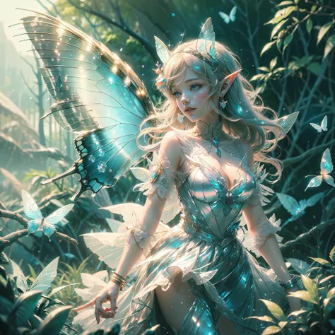 (Beautifully detailed, legendary quality, 8K wallpaper) in (in the forest), a (beautiful elf) has (a pair of beautiful wings). Wings (iridescent: 1.3, soft luster), (light pink: 1.2+ aqua blue), wings slightly cocked, (floating transition), skin transparen...