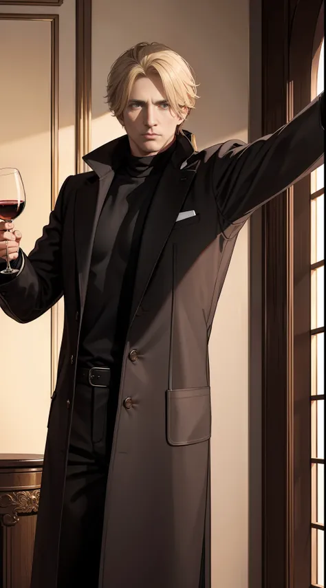 An elegant 40-year-old man with blonde hair and brown eyes, his coat is red with its causes, two bands of his coat are black and his T-shirt is white, he always carries a glass of wine (scenery a dance salary)