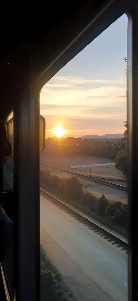 araffe view of a sunset from a train window, sunset!, sunset!!!, sunset in the background, early morning sunrise, sun setting in the background, sunset view, sunset in the distance, beautiful sunrise lighting, morning sunrise, sunset in background, sun dow...