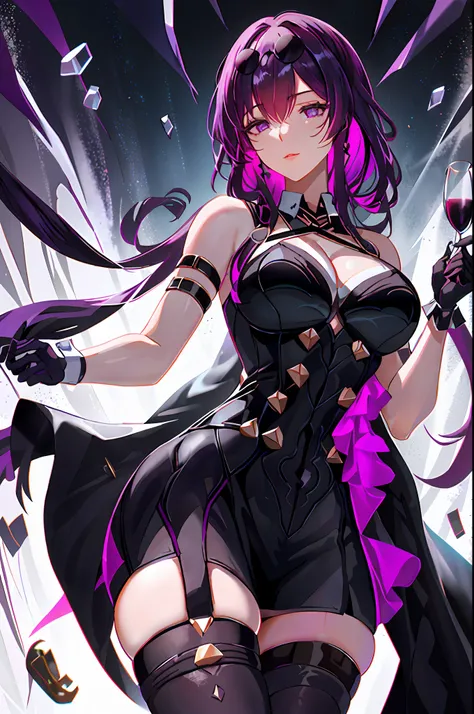 Kafka, honkai star rail, 1girl, alcohol, alternate costume, armlet, bare shoulders, black background, black dress, black gloves, black thighhighs, large breasts, cleavage, criss-cross halter, cup, dress, drinking glass, flower, gloves, gradient background,...