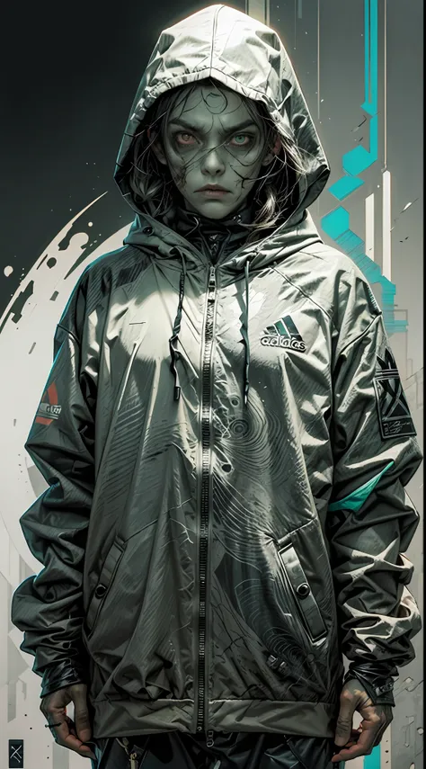 Ultra wide photo,artgem,minimalist,fashion(1 zombie decrepito cadaverico)with adidas coat and hood,abstract background