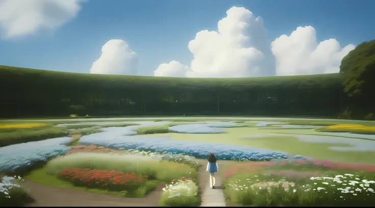 Realistic, real, beautiful, wonderful landscape oil painting Studio Ghibli Hayao Miyazakis petal meadow with blue sky and white clouds, with a beautiful girl strolling in the center --v6