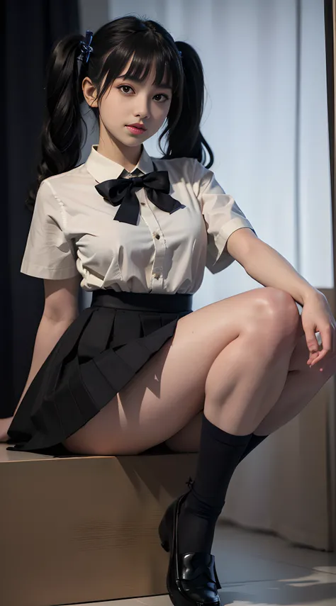 ultra detailed,realistic,(1girl),in stage,stage light,(detailed background),[(detailed face):14],(detailed nose blush),(mid breasts),(detailed TwinTails),(Wavy hair),detailed daylight,(high detailed skin:1.4),(Flat bangs),focus on face,(detailed black eyes...