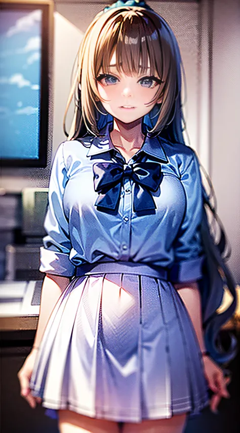 Masterpiece, best quality, high resolution, 1girl, kei karuizawa, blue shirt, white skirt standup, upper body