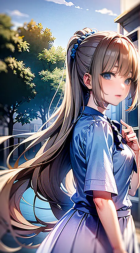 Masterpiece, best quality, high resolution, 1girl, kei karuizawa, blue shirt, white skirt standup, upper body