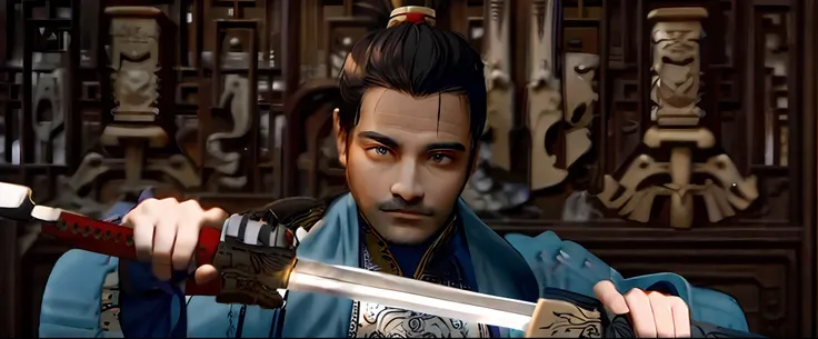 arafed image of a man holding a sword in a room, scene from live action movie, still from a live action movie, zhao yun, jiang sword, inspired by Li Gonglin, feng shu, inspired by Gu An, jin shan, still from a fantasy movie, holds a sword, inspired by Cao ...