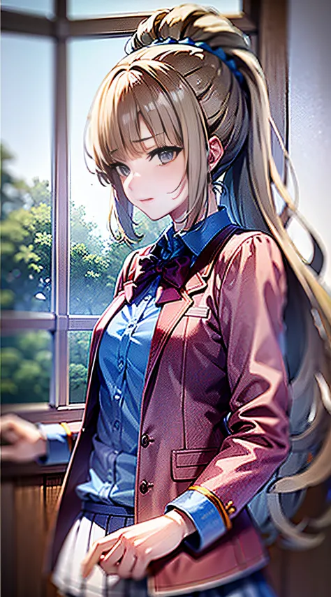 Masterpiece, best quality, high resolution, 1girl, kei karuizawa, blue shirt, white skirt, jacket, red jacket standing, upper body
