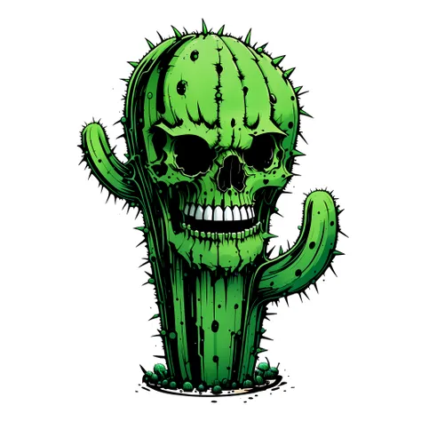 a green cactus with a skull on it's face, anthropomorphic cactus, desertpunk, cactus, robotic cactus design, plant monster, patc...