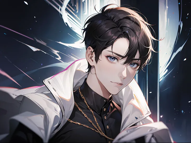A man with short black hair, frontal, very handsome looking, male god