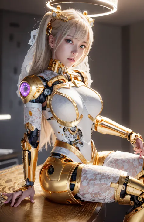 photorealistic, a woman in a white (lace, gold cyborg suit:1.55) (sitting on top of a table:1.4) (turned towards the viewer:1.2)...