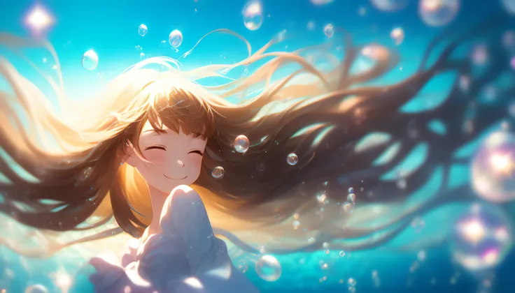 1 girl, closed eyes, smile, angel, underwater, water bubbles, reflection, long light brown hair, bloom, depth of field, bokeh