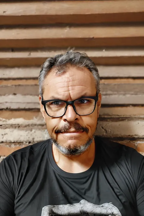 full frame, portrait, rustic, male model, brunette man, ((glasses)), ((black t-shirt)), tanned and wrinkled skin, gray hair, ful...