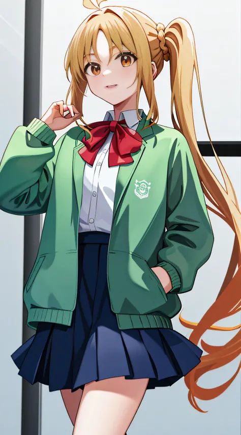 masterpiece, best quality, highres, in1, side ponytail, long hair, ahoge, white shirt, school uniform, blue skirt, long sleeves, red bow, white socks, green jacket, cowboy shot, standing,