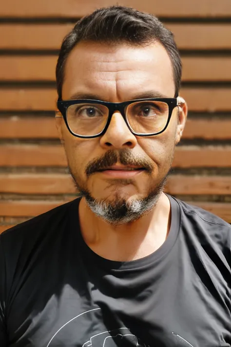 full frame, close portrait, rustic, male model, brunette man, ((glasses)), ((black t-shirt)), tanned and wrinkled skin, military...