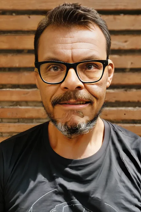 full frame, close portrait, rustic, male model, brunette man, ((glasses)), ((black t-shirt)), tanned and wrinkled skin, military...