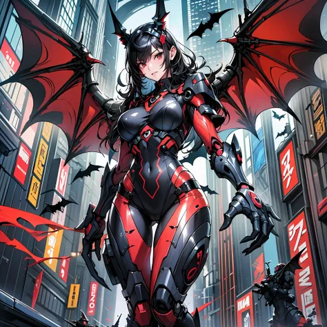 woman in bat color costume, best anime 4k wallpaper, full body, bat red wing, cyberpunk bat, mechanized valkyrie girl, biomechan...