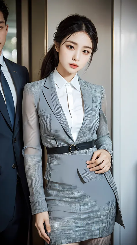 , the highest quality, street photography, a very beautiful Hong Kong beauty, elegant suit neckline splicing dress, the suit elements into the dress, there is the dignified of the suit and the elegance of the dress, Hong Kong women also like to wear this. ...