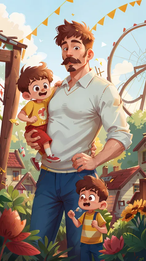 Man with a mustache, 30 years old gorgeous, in an amusement park, happy, with his small son of 4 years, clear focus (disorder - house: 0.8), (masterpiece: 1.2) (Realistic: 1.2) (Bokeh) (Best quality) (Detailed Skin: 1.3) (Intricate Details) (8K) (Detail Ey...