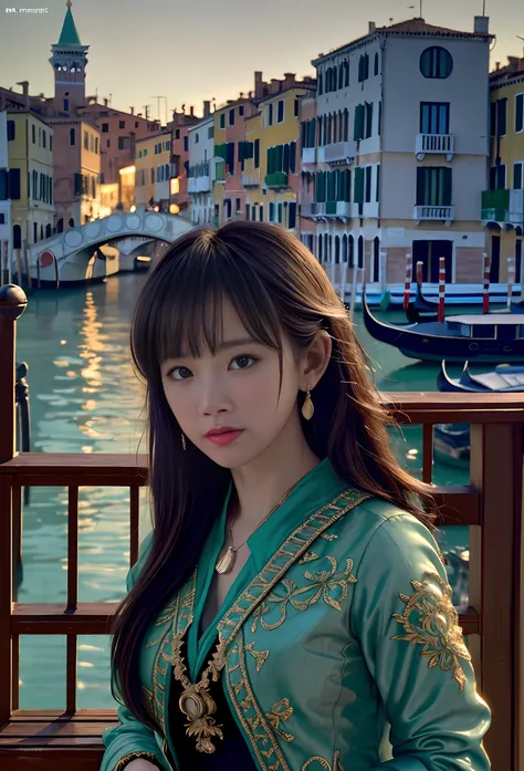 80mm, epic realistic, painting of a dancer on a boat of 2020s Venice,(Bridge of Sighs background), by range murata, a big red sun in the background, stunning, matted, paul gauguin, van gogh, art by greg rutkowski and artgerm, soft cinematic light, adobe li...