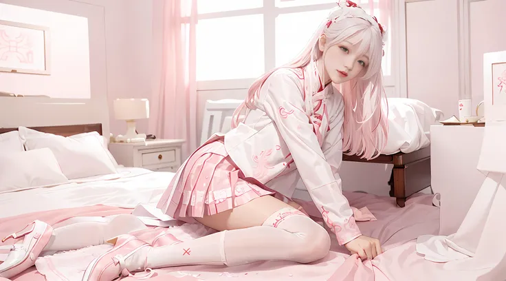 chinese style, white hair, chinese clothing, tang style hanfu, hanfu, ((((pink and white skirt)), embroidery, over-the-knee sock...