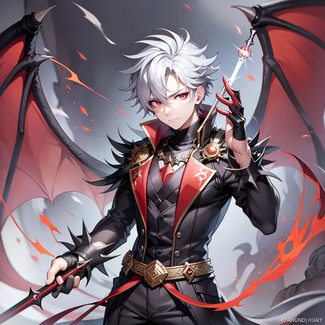 draw a boy with red clothing with black spiky white hair white eyes with 1/4 blue,in his right hand a wand releasing a black magic,full body in an environment with dragons and wolves