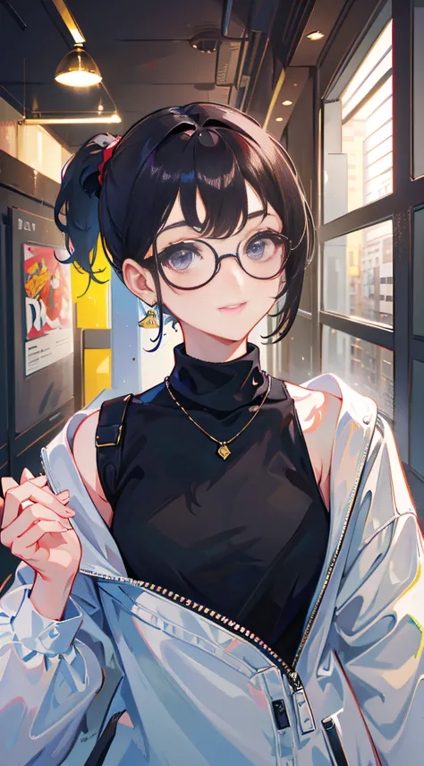 masterpiece, best quality, american clothes, 1girl, solo, ponytail, widesmile, eyeglasses, 1girl, short hair, black turtleneck, ...