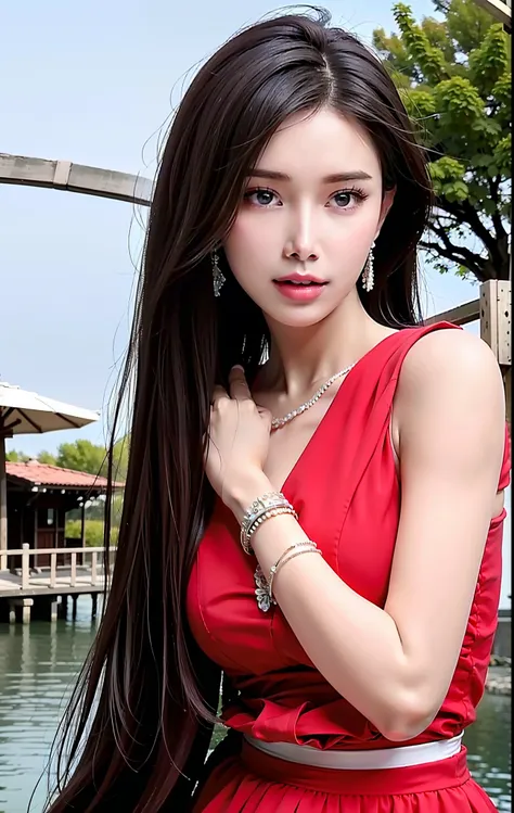 night,(red theme,),in summer,onsen,(nature:1.9),1girl,full body,black hair,very long hair,grin,sexy,dynamic angle,dynamic pose,outdoors,Italian Venice style architecture,(Bridge of Sighs background),High color saturation,Color saturation,(jewelry:1.9),putt...