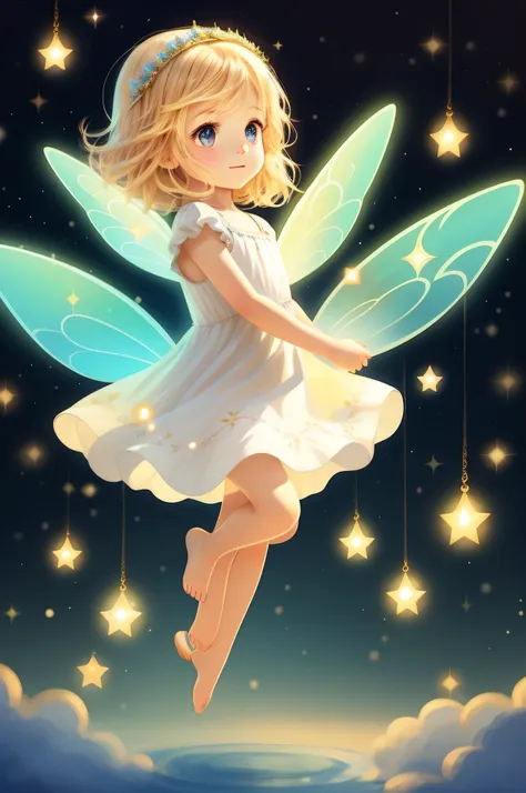 the fairy of the stars, various poses and expressions on white background, children's book illustration style, simple, cute, swe...