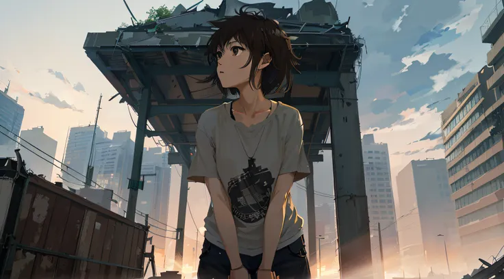 very detailed and precise anime style illustration, very beautiful and cute young woman, solo, brown short hair, dark gray shirt...