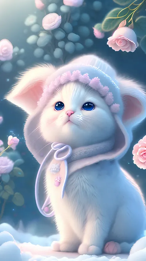 in this ultra-detailed cg art, cute kittens surrounded by ethereal roses, laughter, best quality, high resolution, intricate det...