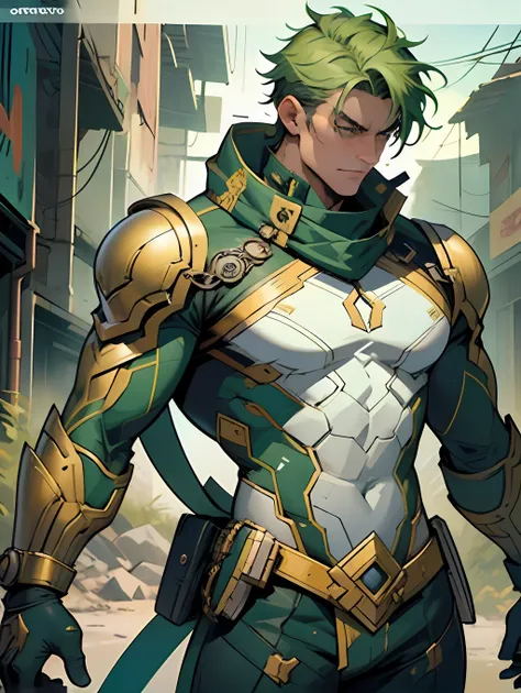 Develop an image of a hero wearing a green and gold costume. The hero must have a noble and powerful appearance, with distinct character traits. The green and gold costume should be modern and futuristic, with technological elements and details that make i...