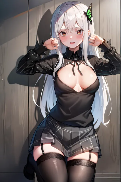 masterpiece, high quality, best quality, one girl, middle breast, black tied shirt, plaid mini skirt, black lace, sweatshirt, stockings, makeup, blush, goth, moaning, long hair, gray hair, butterfly hair ornament
