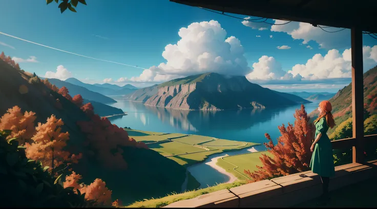 Extremely detailed, wind, anime intonation, vibrant colors, vivid, lighting going to extreme light and extreme shadow, focused on the color green, a woman laughing on her back looking at a landscape from the tip of a cliff with grasses and leaves with autu...