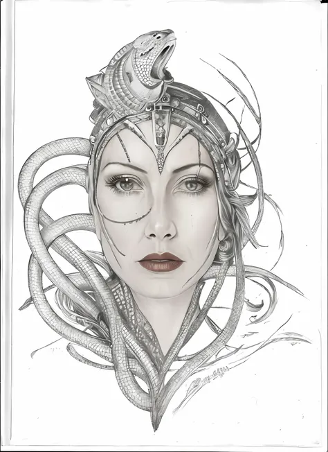 drawing of a woman with a mask and a snake on her head, symmetry!! cyborg portrait, hybrid snake woman, giger portrait of queen ...