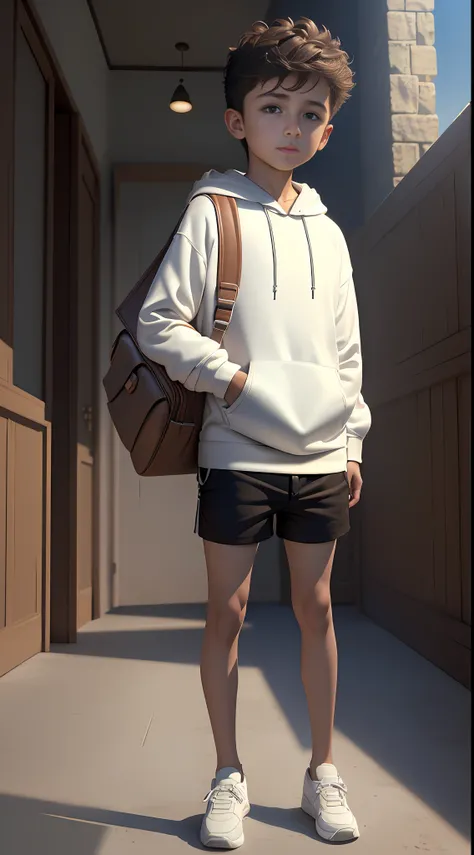 (best quality, masterpiece, ultra-realistic), Masterpiece, best quality, cinematic lighting, beautiful concept art, surrealism, epic scene, 8K, a boy 7 year old, Milo is a boy Turn your back to the viewer, full body, (((boy wearing shorts, white hoodie and...