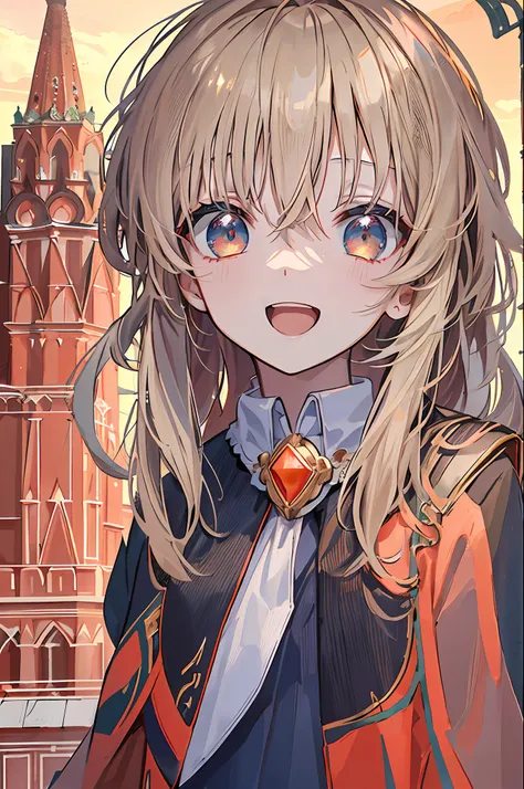 (((St. Basils Cathedral, nine onion head-shaped church roofs))) orange sky, clouds, sunset, (Baroque architecture),, white tie, (Russian Red Square), Side face, Measurement angle, (Red Russian style architecture), upper body, double ball head, (coiled hair...